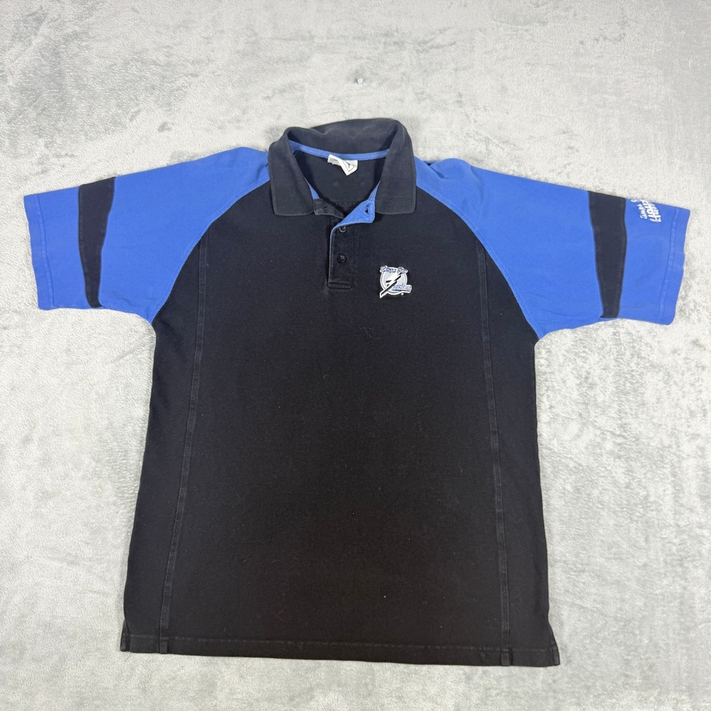 Vintage Lee Sport Mens Large Tampa Bay Lightning Polo Shirt NHL Black Blue L